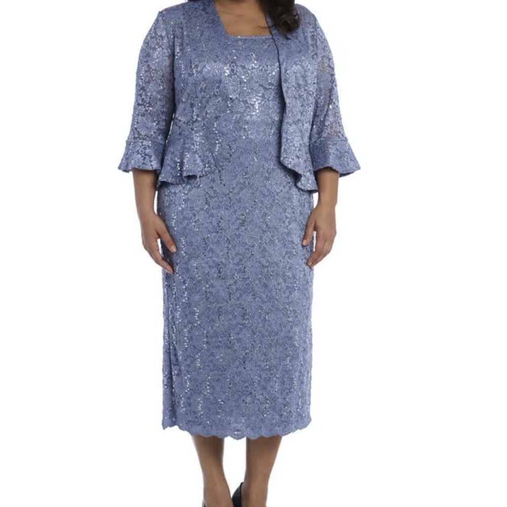 R&M Dress Jacket Set Womens 18 Blue Mother Of Bride Sequin Lace Grandmother Midi